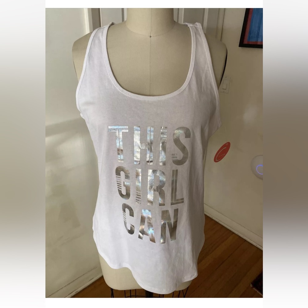 Women’s Racer Back Tank Top Shirt THIS GIRL CAN white NEW NWT M Silver Foil